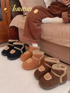 Cute Bear Fleece Lined Short Snow Boots Anti Slip Universal Warm Winter Childrens Shoes Magic Tape Cotton Shoes for Parents And Kids