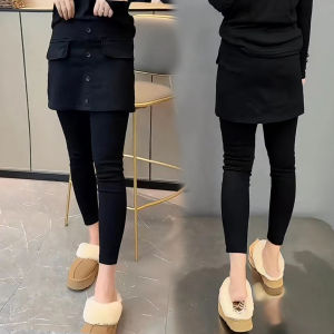 Cropped Pants Short Skirt Fake Two-Piece Women Elastic High Waist Black Leggings Button Temperament Wild Fashion Outerwear Casual Pants New