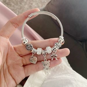 1PC Womens Fashion Multi Element Stainless Steel DIY Teddy Bear Bead Bracelet Date Banquet Party Festival Dressing Gift