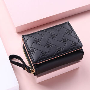 Womens Wallet Tri Fold Card Bag PU Multi Objects Pocket Short Fashion Embroidered Love Pattern Korean Minimalist New 2024