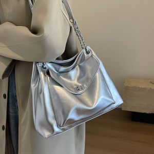 Spring Summer Womens Fashion Silver Underarm Bag Crossbody Shoulder Bag Messenger Bag for Students Going to Class Casual Soft PU Leather