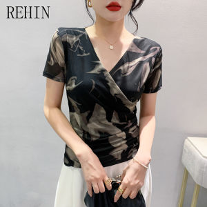 REHIN Summer Wrinkled Cross V-Neck Fashion Short Sleeve T-shirt Mesh Printed Fashion Slim-fit elegant Womens top