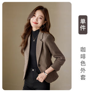 Caramel Color Womens Suit Jacket Slim Fit Casual Style Short Length Woolen Coat Button Pocket Detail Polyester Fiber