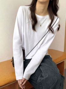 Áo Thun Cotton Dài Tay Màu Trắng Cho Nữ Mùa Xuân Thu Dáng Rộng Phong Cách Hàn Quốc Mới 2025 Áo Sơ Mi Cổ Tròn Màu Trơn Thường Ngày