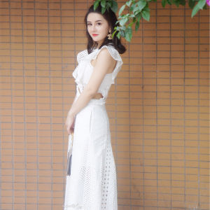 Váy Dài Không Tay Ren Trắng Mùa Hè Mới Cho Nữ Chi Tiết Thắt Eo Váy Chữ A Chất Liệu Polyester Cotton Dáng Chữ A Cổ Tròn