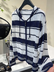 Shalldoer | Womens Loose Long Sleeve Zipper Cardigan Jacket Summer Casual Slimming Stripe Color Block Hooded Lightweight Short Top