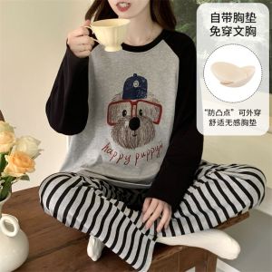 Girls Integrated Sleepwear Long Sleeve Thin Design with Chest Pad Anti-Bulge Spring Autumn Cartoon Style Comfortable Home Clothes
