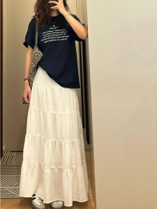 Váy Chữ a Cạp Cao Màu Trắng Dài Vừa Phải Cho Nữ Mùa Hè 2025 Váy Bánh Kem Dài Vừa Phải Có Xếp Ly Cho Nữ Cao Lớn