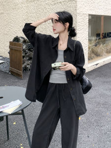 Fall 2025 Commute Style Womens Denim Black Shirt Wide Leg Pants Two-Piece Set Fashionable Salt Series Workwear Casual Outfit