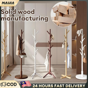 NAIJIA Solid Wood Coat Rack Wooden Clothes Hanger Stand (Wood/White/Black/Brown) for Hats Bags & Coats Penyangkut Baju Rak Gantung Baju 實木衣帽架