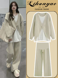 Maternity Knitted Set round Neck Loose Casual Korean Style Spring Autumn Winter Two Piece Suit High Waist Straight Tube Dress