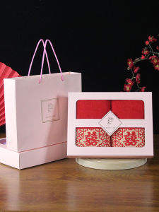 Wedding Celebration Pure Cotton Red Towel Set Couples Gift Box Double Stripe Satin Ribbon Embroidered Character Pair