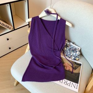 Purple Asymmetrical V-Neck Sash Vest Womens Autumn New Design Sensation Side Waist Gathered Sleeveless Top Korean Style Soft Fabric