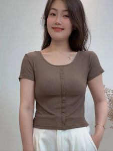 New Style Short Sleeve T-Shirt Integrated Chest Pad Thin Casual Solid Color Versatile Slimming No Bra Needed Breathable Moisture Wicking