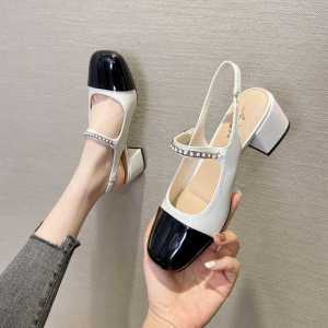 Korean Style Chunky Heel Sandals 2024 Summer New Medium Heel Painted Leather Color Block Buckle Metal Chain Womens Shoes