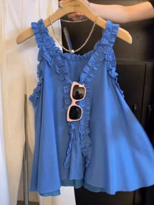 plus Size Womens Sweet Korean Style Vest Summer Casual Sleeveless Outerwear Wooden Edge Trim Comfortable Breathable Top