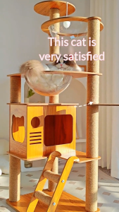 Papapet Large Cat Tree Tower with Double Space Capsule Wooden Cat Condo Multi-Level Cat Furniture Sisal Scratching Post Stable Cat Climbing House for Indoor Cats