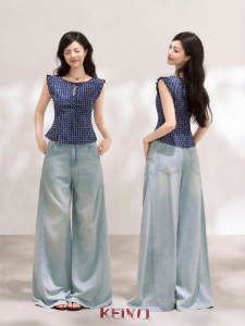 KEIKO | Retro Navy Check Peplum Slimming Sleeveless Shirt