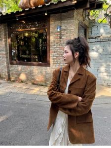Caramel Suede Jacket Womens Suiting Leather Coat Meller 2025 Spring New Style Premium Feel Small Size PU Long Sleeve