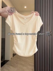 Slim Fit Short Sleeve V-Neck T-Shirt Women Summer Casual Style Folded Design Shoulder Width Appropriate Length Fashionable Top