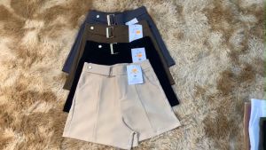 Quần đùi nữ  quần short nữ cạp cao ống rộng cúc bấm vải tuyết mưa dày dặn không nhăn màu đen màu be phong cách hàn quốc