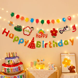 Happy Birthday Hanging Flag Party Decorative Fur Ball Colorful Flags Kids Men and Women Baby Full-Year Photo Banners Flag Layout