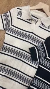 BestStore - Dress Knit Rajut Kekinian / Dress Korean Salur Lengan Pendek / Dress Salur / Dress Wanita Kerah V