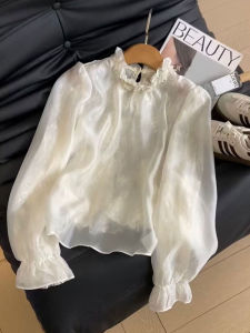 YUFUQING | Elegant French Style Lace Bubble Sleeve Stand Collar Shirt Womens Fashion Spring New Arrival Polyester Fiber Long Sleeve Top