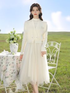 Thickened Knitted Dress Two-Piece Set with Lace Splicing Autumn Winter New Style Small Fragrance Style Base Skirt A-Line Skirt