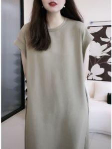plus Size Straight Cut Dress Women Summer New Style Fleece Sleeve Conceal Meat Slimming Pure Color Skirt Commute Korean Style