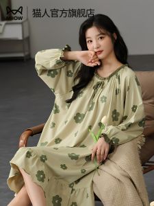 MiiOW | Cat Woman Cotton Sleep Dress Womens Spring Autumn Casual Wearable Home Clothes Nightgown With Chest Pad Round Neck Long Sleeve