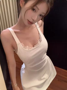 Pháp Ren Chia Dây Đầm Nữ Mùa Hè Ôm Xù Lông Váy Trắng Ngọt Ngào Thắt Lưng Chữ A Mini