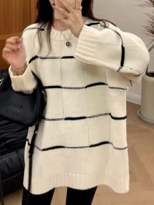 plus Size Womens Striped Vintage Lazy Long Sleeve Knitted Sweater Early Spring Loose Conceal Slimming Inner Wear Top