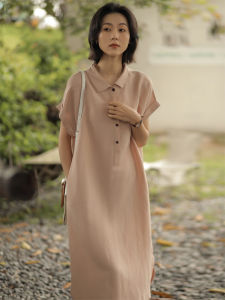 Summer New Womens Loose Straight Tube Skirt Tencel Dress Turn-down Collar Long Back Short Front Elegant Commuter Style