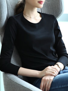 Slimming Effect Pure Cotton Long Sleeve round Neck Loose T-Shirt Womens Base Shirt Inner Wear Top Black Color Spring Autumn New Style