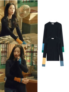 Asymmetrical Splice Long Sleeve Knitted Shirt 100% Pure Cotton Base Layer Casual Style Slim Fit round Neck Anti-Pilling