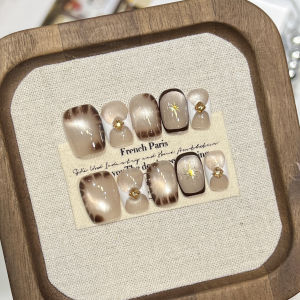 เล็บปลอมทรงสี่เหลี่ยมสั้นลายตาแมวประดับดาวสี่แฉก 10 ชิ้น งานแฮนด์เมดลายจระเข้ สำหรับงานปาร์ตี้และใส่ในชีวิตประจำวัน