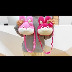 Túi Đeo Chéo Gấu Nhồi Bông Hình Mặt Thỏ Dâu Hồng Dễ Thương