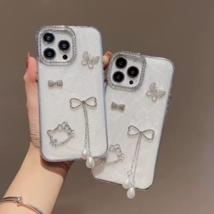 3D Bow Pendant White Dropping Gel Phone Case for iPhone 11 12 13 14 15 16 17 Pro Max casing Anti fall protective cover for iPhone15 case