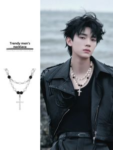 Double Layer Pearl Mens Necklace Fashionable Stacked Titanium Steel Pendant Versatile Accessory for Men Trendy Jewelry