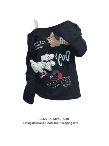 หวาน Spicy American Cool การ์ตูน ดีไซน์ ลูกไม้ แขนยาวเปลือยไหล่ หลวม เสื้อสเว็ตเชิ้ต ผู้หญิง Early ฤดูใบไม้ร่วง เสื้อท่อนบน