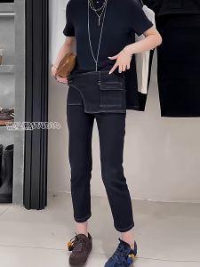 กางเกงยีนส์ทรงตรงเอวสูง 8 ส่วน กางเกงยีนส์ผู้หญิงฤดูใบไม้ร่วงแบบใหม่ กางเกงยีนส์ทรงตรงแบบสวมสบายสไตล์เกาหลี