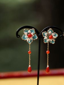 Earrings Fancy New Chinese Style Niche Style Burnt Blue Flower Pearl Earrings Dual-Use Daily Female Elegant Unique Earrings