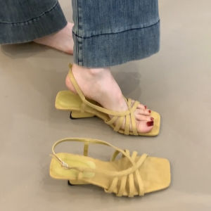 2026 New Hollow Square Toe Ankle Strap Sandals Summer Outdoor Wear Roman Wedge Open Toe