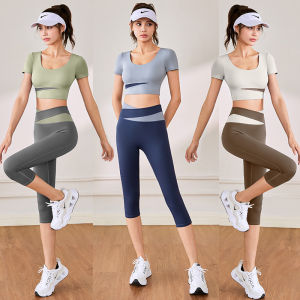 Summer Short Sleeve Yoga Suit Suit Womens High Waist Hip Lift Workout Clothes Small Sports Running Quick Drying Clothes Cropped Pants