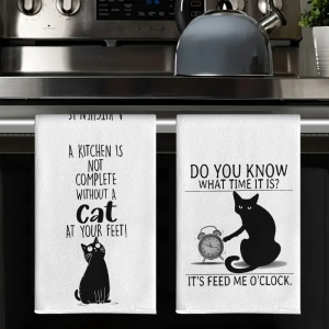 2Pcs Black Cat Design Kitchen Towels 40Cm*60Cm Towel Set Super Absorbent Soft Cleaning Cloth Cooking and Baking Towels Hand
