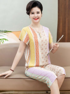 Summer Thin Silk Cotton Home Clothes Set for Women Short Sleeve round Neck Print Casual Comfortable Breathable Two-Piece Suit