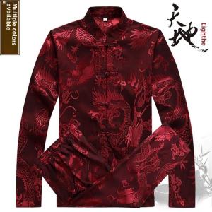 Spring Summer and Autumn Middle-Aged and Elderly Tang Suit Mens Long-Sleeve Suit Dads Ice Silk plus Size Shirt Grandpa Morning Exercise Han Dynasty