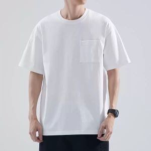 Pure Cotton White Pocket T-Shirt Mens Short Sleeve 250g Xinjiang Cotton Loose Fit Basic Style Japanese Style Body Shirt