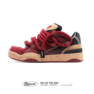 Cat&Sofa Dirty Dreads Cork Wine Red Couple Board Shoes Youth Trend Flat Heel round Toe Daily Wear Rubber Outsole Mixed Material